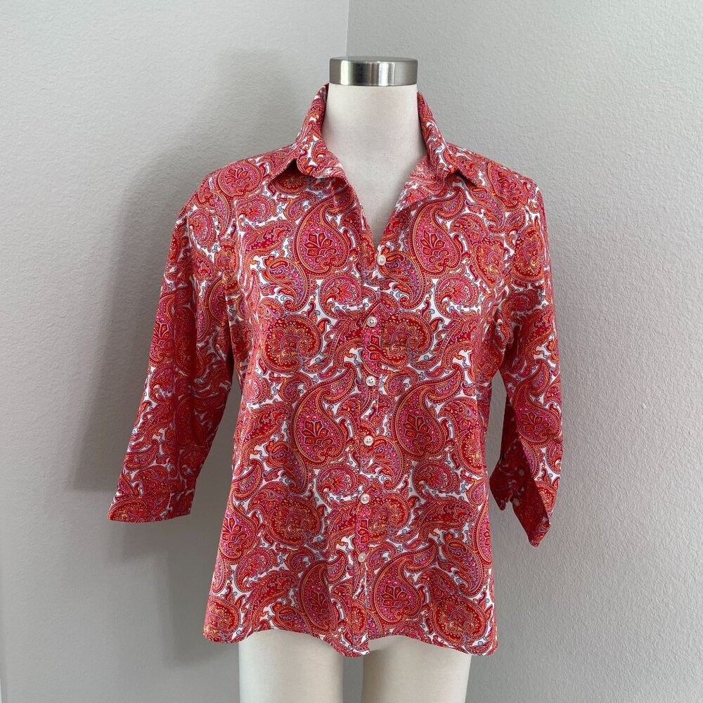 Lands End Womens 12 Petite No Iron Supima Cotton 3/4 Sleeve Paisley Shirt Blouse